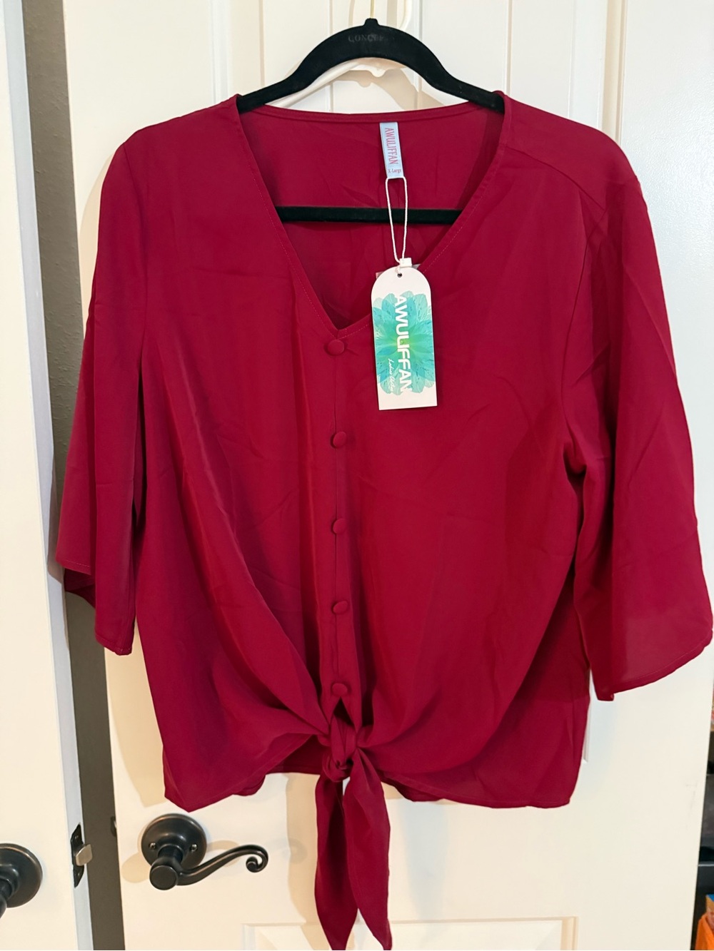 Women's Tie-Front Button V-Neck Blouse - Berry